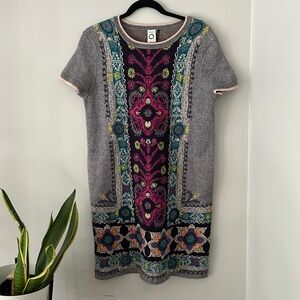 Anthropologie Gray and Pink Embroidered Dress